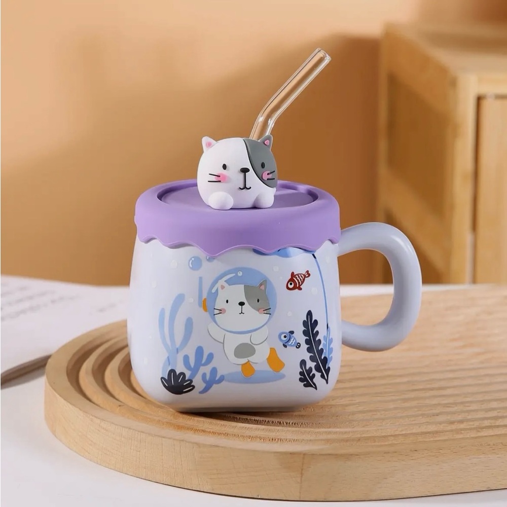 Cat Diving 13 oz Mug with Lid and Straw Purple NEW